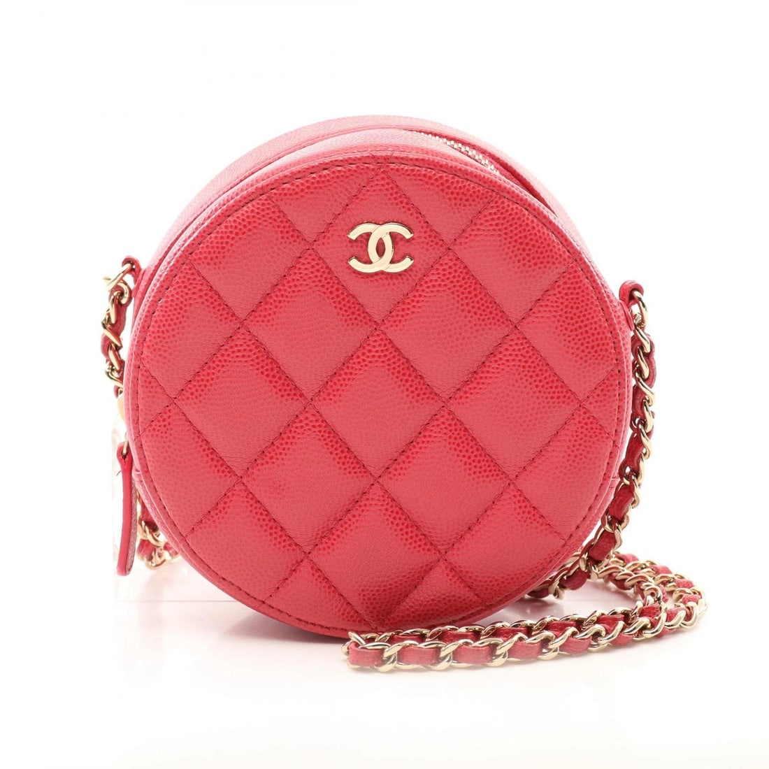 CHANEL MATELASSE ROUND MINI CHAIN CROSSBODY SHOULDER BAG: CHANEL Matelasse Round Mini chain crossbody Shoulder Bag Brand: CHANEL Type: Shoulder Bag Material: Calfskin (cowhide) Color: Red??ish colors Size: (H:4.7" x W:4.7" x D:2.4")