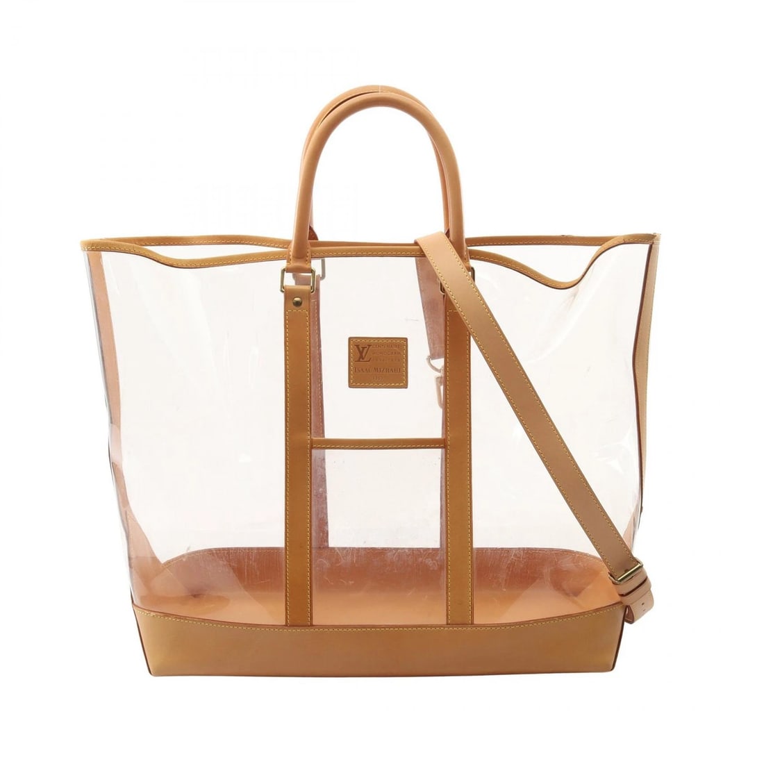 LOUIS VUITTON SEVEN DESIGNERS ISAAC MIZRAHI TOTE BAG TOTE BAG: LOUIS VUITTON SEVEN DESIGNERS ISAAC MIZRAHI Tote Bag Tote Bag Brand: LOUIS VUITTON Type: Tote Bag Material: Plastics × leather Color: Clear??ish colors × Brown??ish colors Size: (H:15.4" x