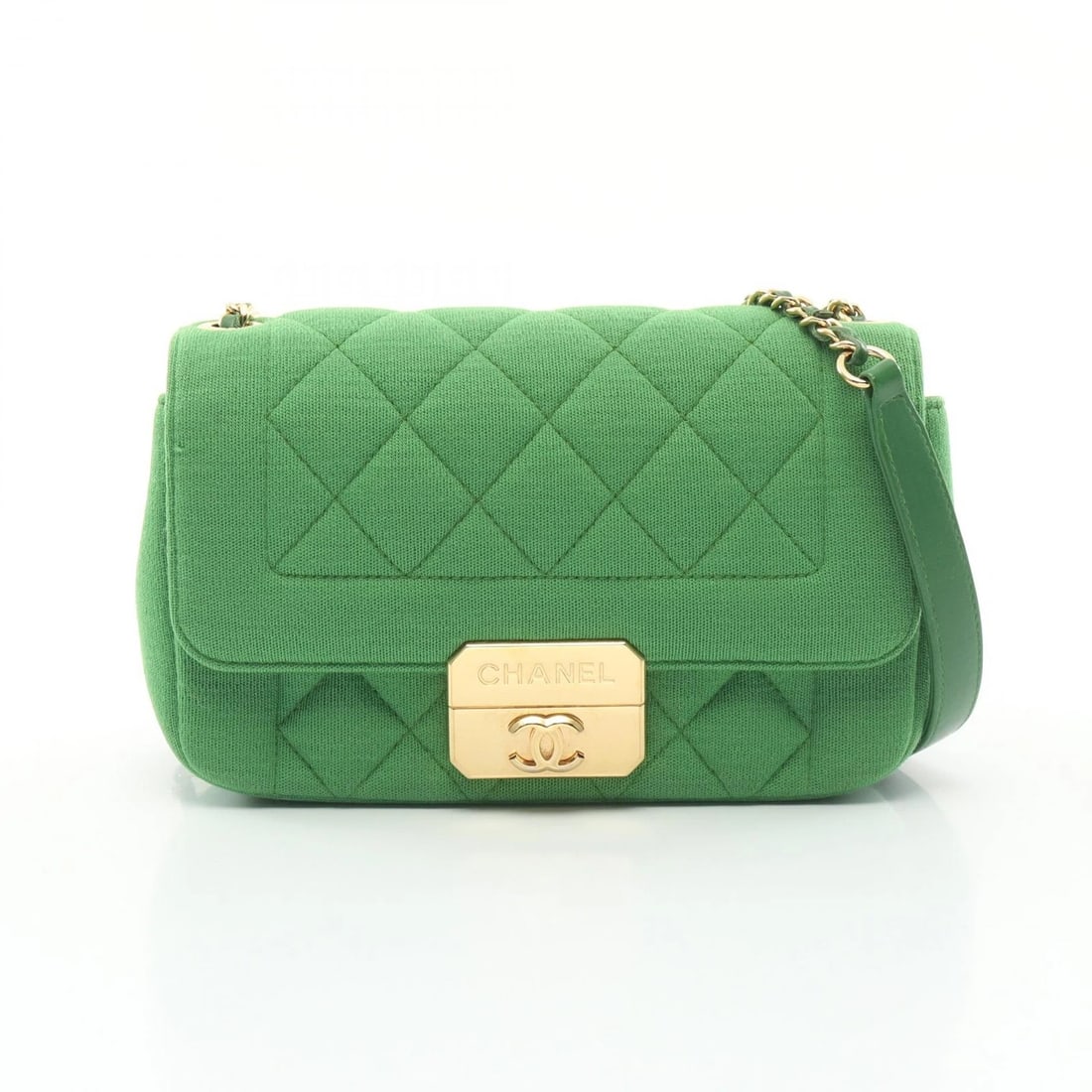 CHANEL MATELASSE SINGLE FLAP CHAIN SHOULDER BAG: CHANEL Matelasse single flap Chain Shoulder Bag Brand: CHANEL Type: Shoulder Bag Material: leather × Cotton jersey Color: Green??ish colors Size: (H:5.1" x W:7.5" x D:2.2") Shoulder?128cm(50.4")