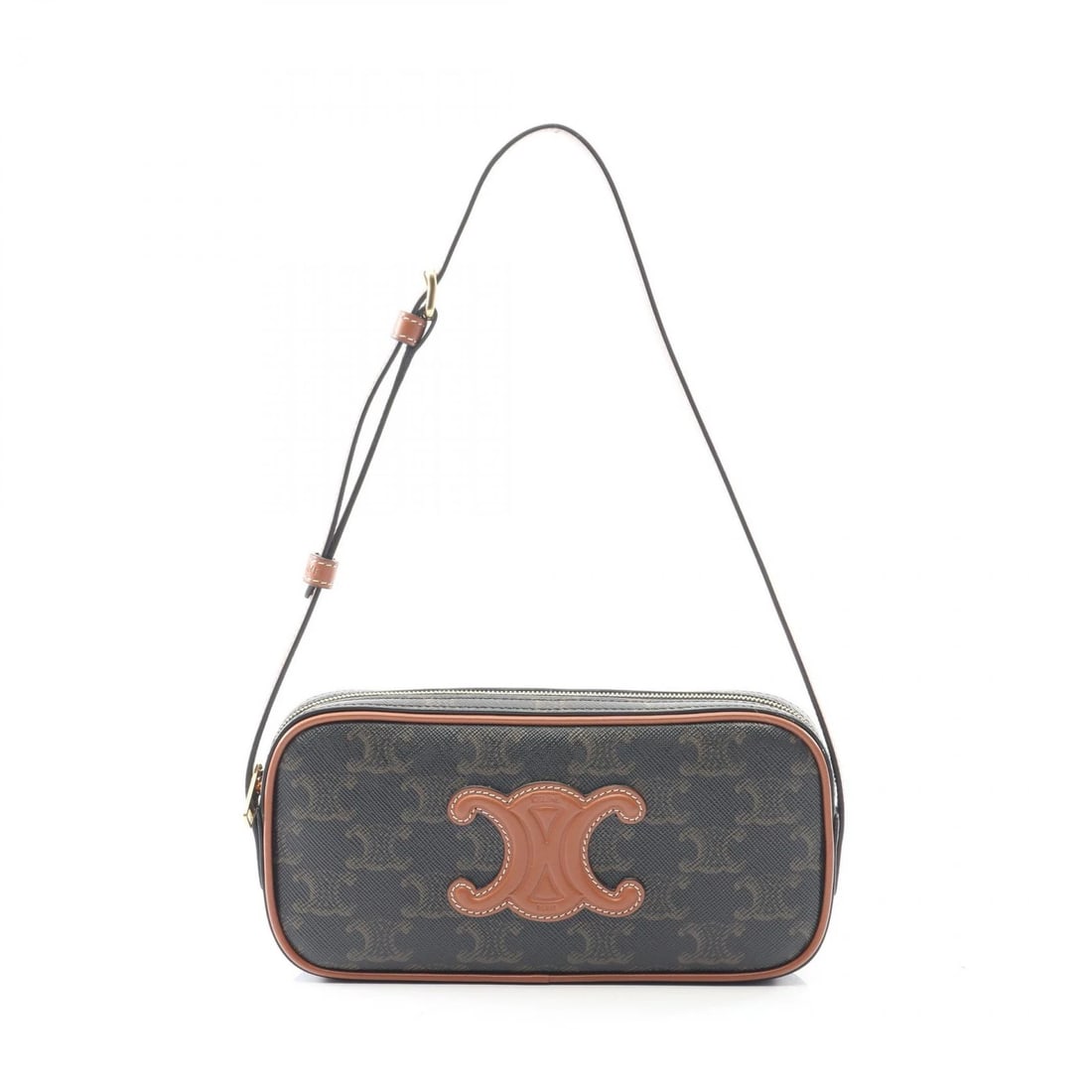 CELINE CUIR TRIOMPHE MINI CAMERA SHOULDER BAG: CELINE Cuir Triomphe Mini Camera Shoulder Bag Brand: CELINE Type: Shoulder Bag Material: PVC coated canvas × leather Color: Black??ish colors × Brown??ish colors Size: (H:3.5" x W:7.5" x D:1.2")