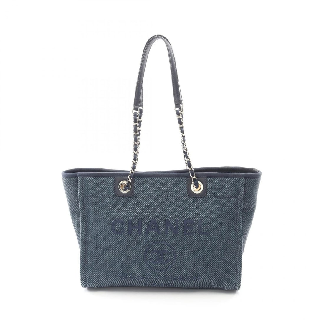 CHANEL DEAUVILLE SHOULDER CHAIN TOTE BAG TOTE BAG: CHANEL Deauville Shoulder chain Tote Bag Tote Bag Brand: CHANEL Type: Tote Bag Material: leather × straw Color: Blue??ish colors × Navy??ish colors Size: (H:10.2" x W:13.8" x D:5.5") Shoulder?65