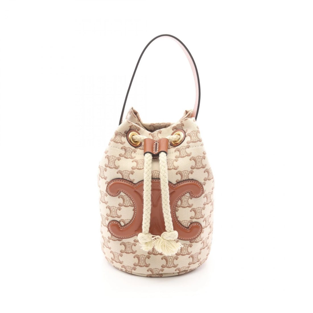 CELINE TEEN DRAWSTRING TRIOMPHE HANDBAG: CELINE Teen Drawstring Triomphe Handbag Brand: CELINE Type: Handbag Material: canvas × leather Color: Beige??ish colors × Brown??ish colors Size: (H:7.9" x W:5.7" x D:5.5")