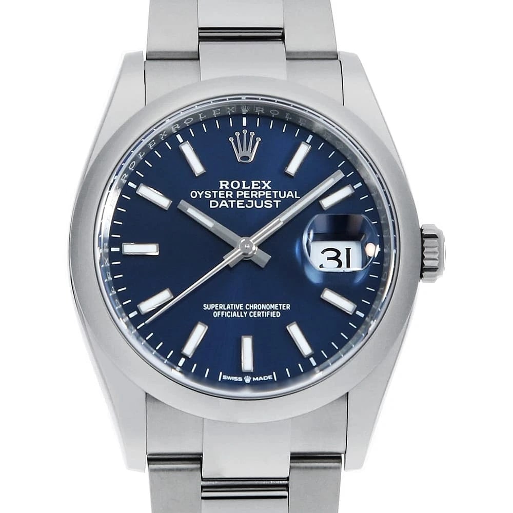 ROLEX DATEJUST 36 BLUE BAR WRIST WATCH: ROLEX DATEJUST 36 blue Bar Wrist Watch Brand: ROLEX Type: Wrist watch Material: Band Material Stainless Steel, Case Material Stainless Steel Color: Blue Size: Case:W36mm Circumference of Wrist:18c