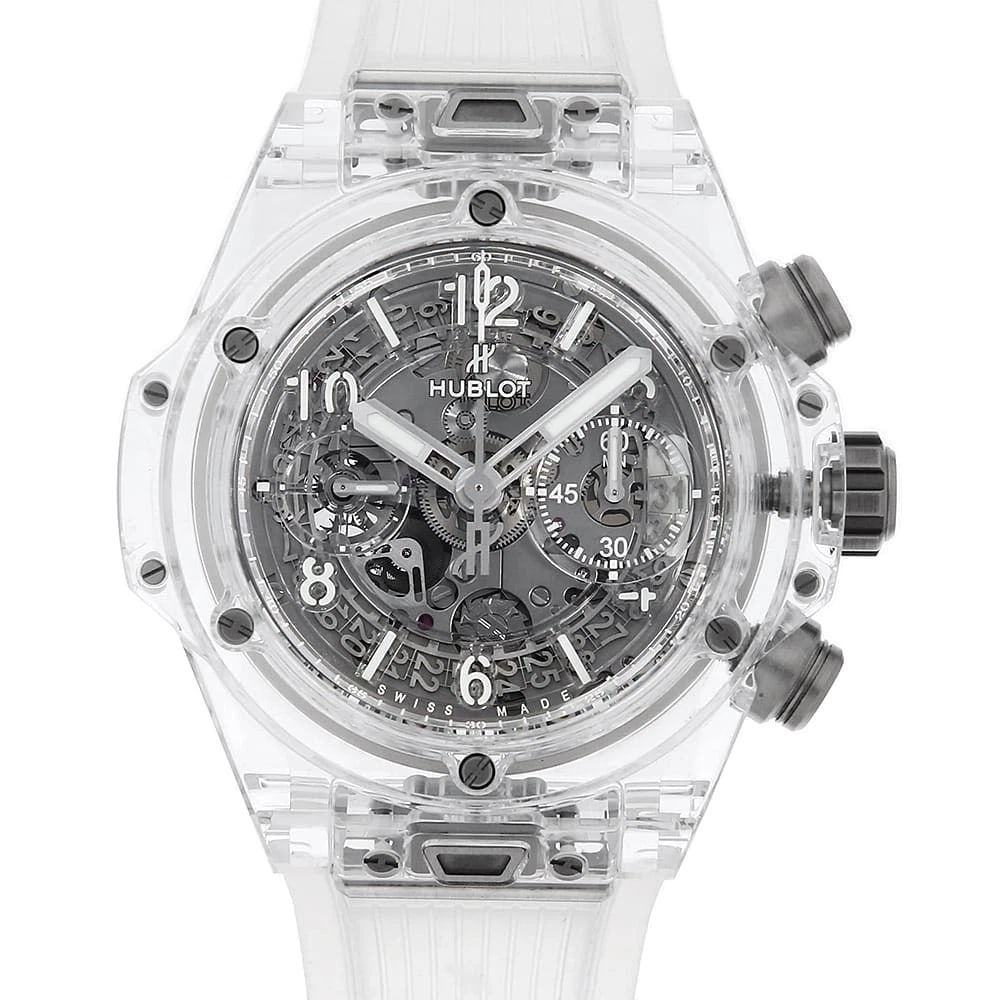 HUBLOT BIG BANG UNICO SAPPHIRE WRIST WATCH: HUBLOT Big Bang Unico Sapphire Wrist Watch Brand: HUBLOT Type: Wrist watch Material: Band Material rubber, Case Material Sapphire Crystal Color: Skeleton Size: Case:W45mm Accessories: None