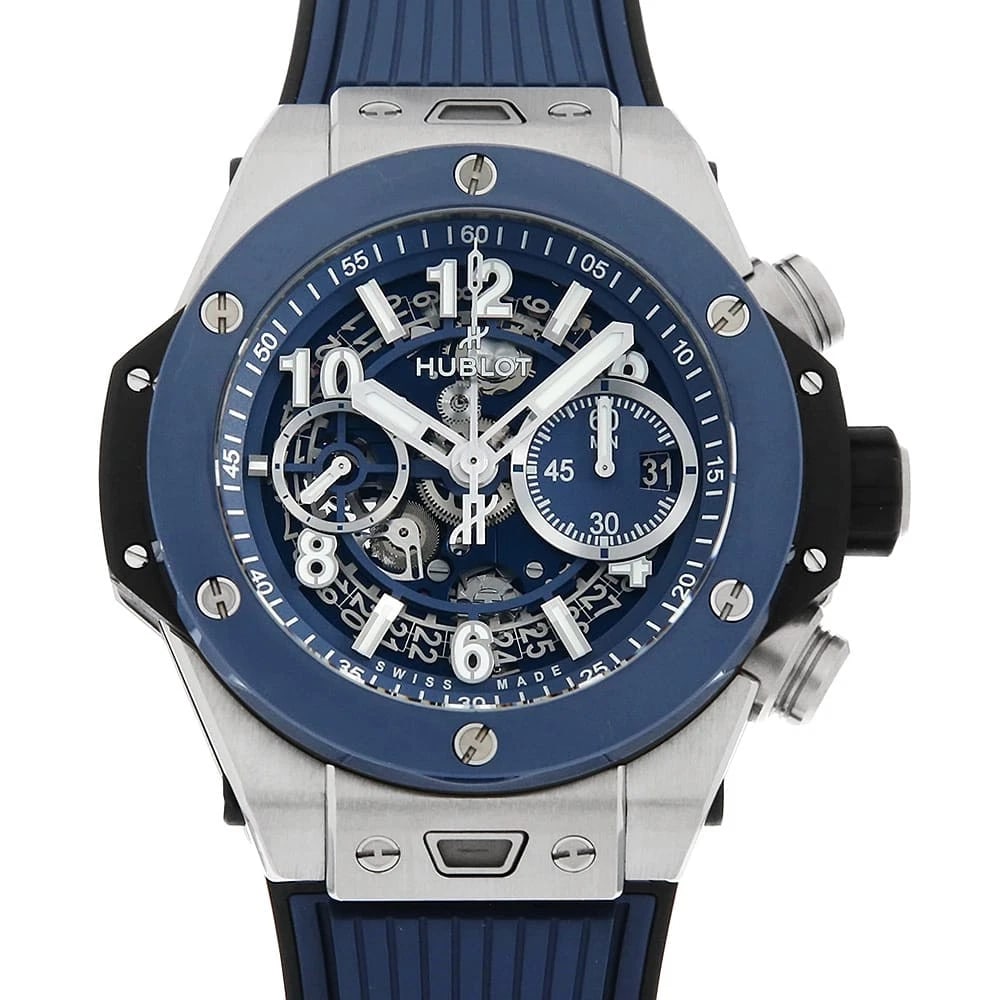 HUBLOT BIG BANG UNICO TITANIUM BLUE CERAMIC WRIST WATCH: HUBLOT Big Bang Unico Titanium Blue Ceramic Wrist Watch Brand: HUBLOT Type: Wrist watch Material: Band Material rubber, Case Material Titanium Color: Skeleton Size: Case:W44mm x H44mm Accessories