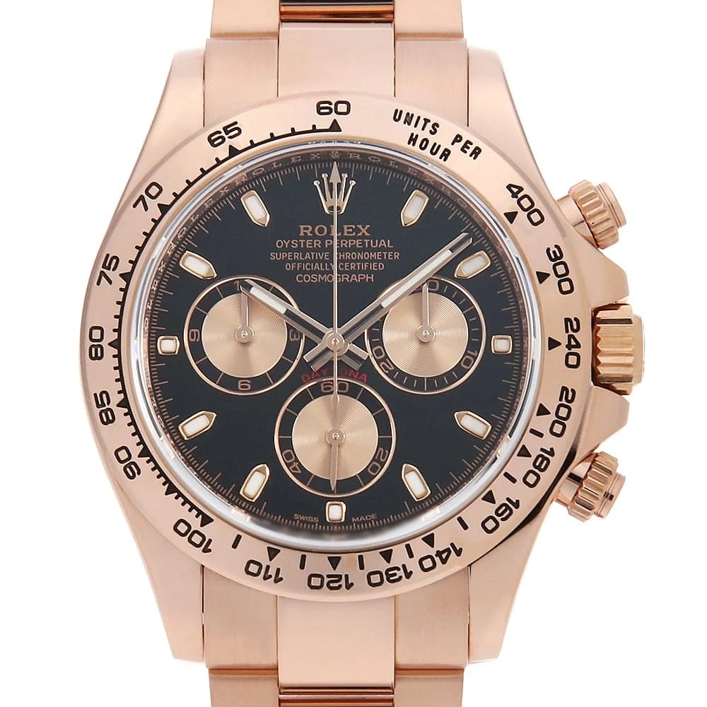 ROLEX COSMOGRAPH DAYTONA BLACK X PINK SECOND HAND WRIST WATCH: ROLEX Cosmograph Daytona black x Pink second hand Wrist Watch Brand: ROLEX Type: Wrist watch Material: Band Material Everose Gold, Case Material Everose Gold Color: Black Size: Case:W40mm Circumfe