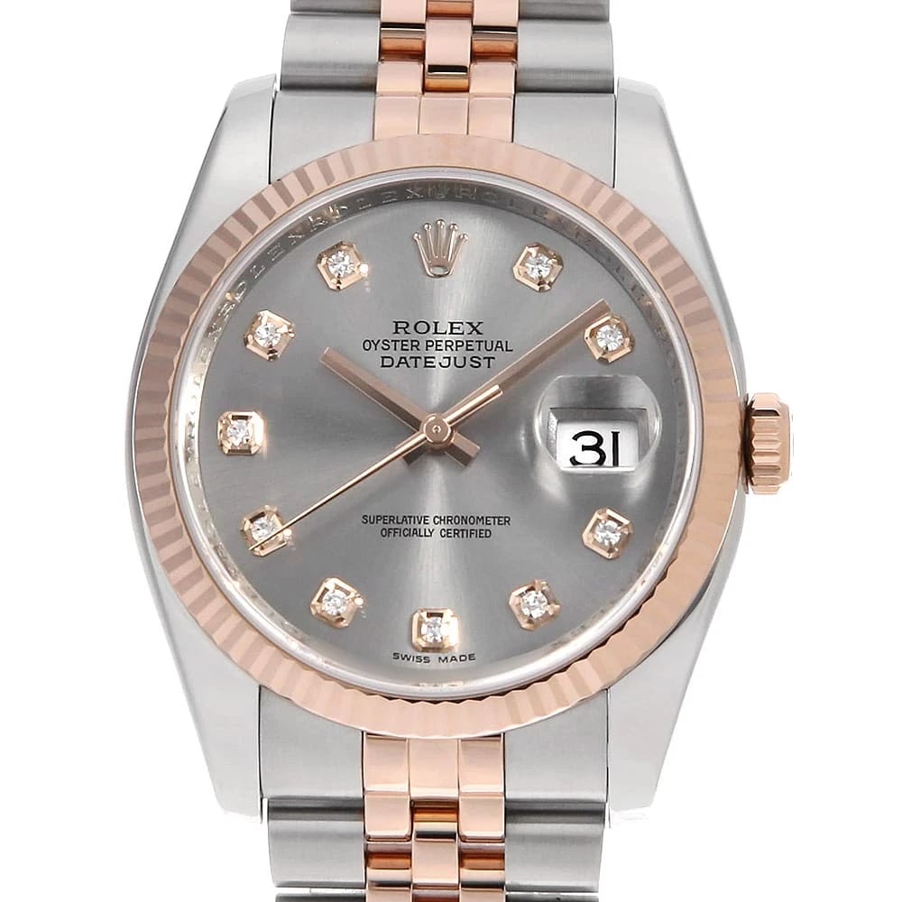 ROLEX DATEJUST 10P DIAMOND SILVER WRIST WATCH: ROLEX Datejust 10P Diamond Silver Wrist Watch Brand: ROLEX Type: Wrist watch Material: Band Material Stainless Steel/Pink Gold, Case Material Stainless Steel/Pink Gold Color: Silver Size: Case:W36
