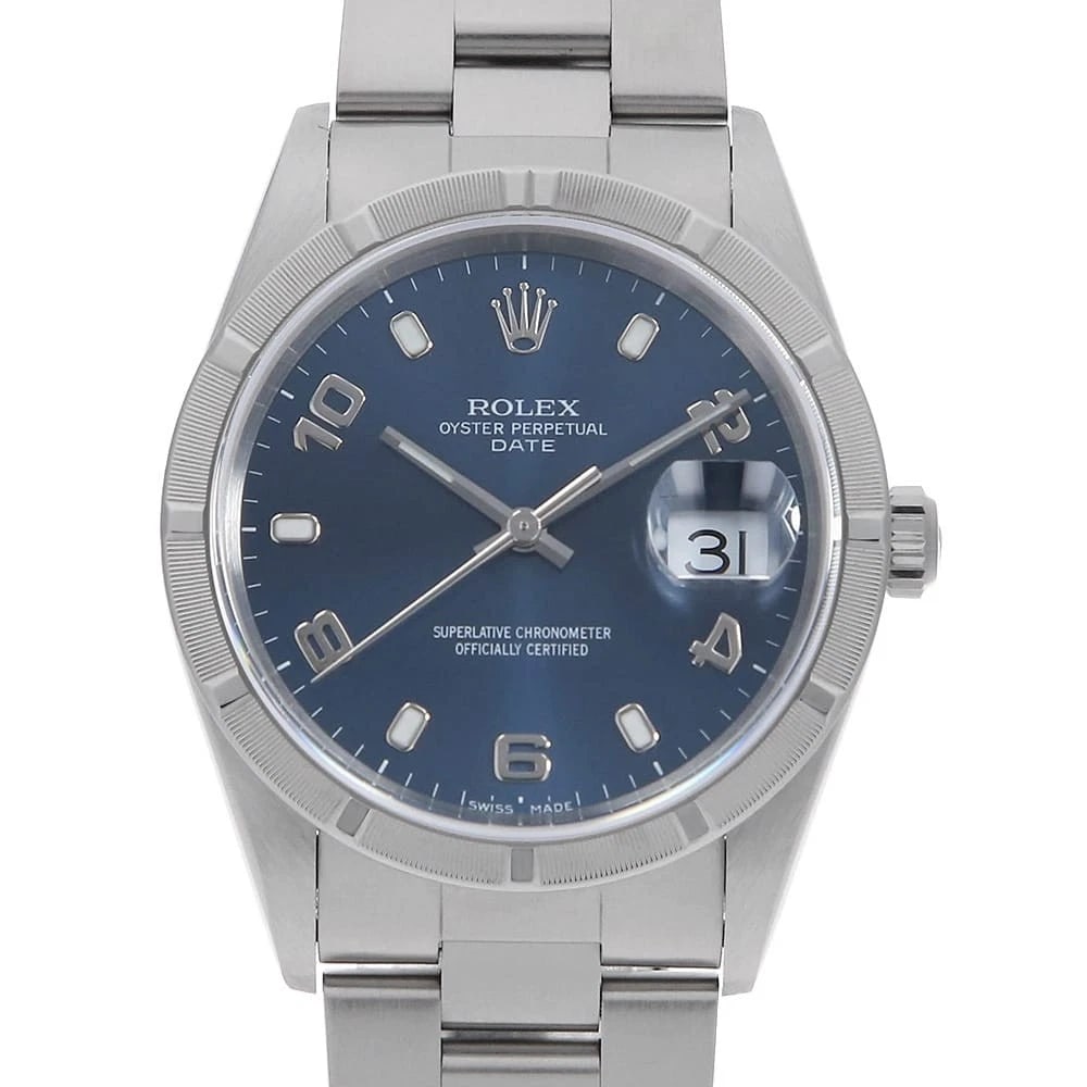 ROLEX OYSTER PERPETUAL DATE BLUE FLYING ARABIC WRIST WATCH: ROLEX Oyster Perpetual Date blue flying arabic Wrist Watch Brand: ROLEX Type: Wrist watch Material: Band Material Stainless Steel, Case Material Stainless Steel Color: Blue Size: Case:W34mm Circum