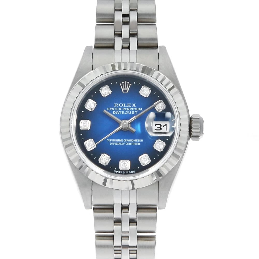 ROLEX DATEJUST 10P DIAMOND BLUE GRADATION WRIST WATCH: ROLEX Datejust 10P Diamond blue Gradation Wrist Watch Brand: ROLEX Type: Wrist watch Material: Band Material Stainless Steel, Case Material Stainless Steel Color: Blue Size: Case:W26mm Circumferen