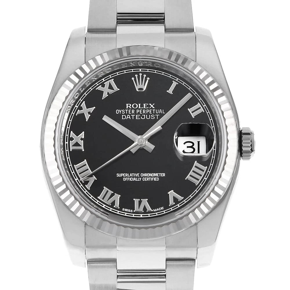 ROLEX DATEJUST BLACK ROMAN 3 ROW OYSTER BRACELET WRIST WATCH: ROLEX Datejust black Roman 3 row oyster bracelet Wrist Watch Brand: ROLEX Type: Wrist watch Material: Band Material Stainless Steel, Case Material Stainless Steel/White gold Color: Black Size: Cas