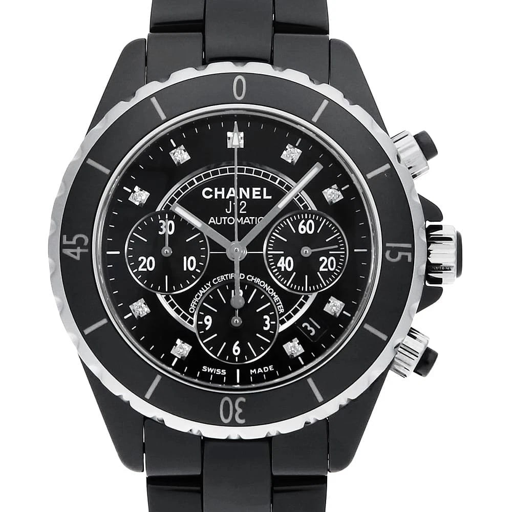 CHANEL J12 CHRONOGRAPH 9P DIAMOND WRIST WATCH: CHANEL J12 Chronograph 9P Diamond Wrist Watch Brand: CHANEL Type: Wrist watch Material: Band Material Ceramic, Case Material Ceramic Color: Black Size: Case:W41mm Circumference of Wrist:18.5cm Ac