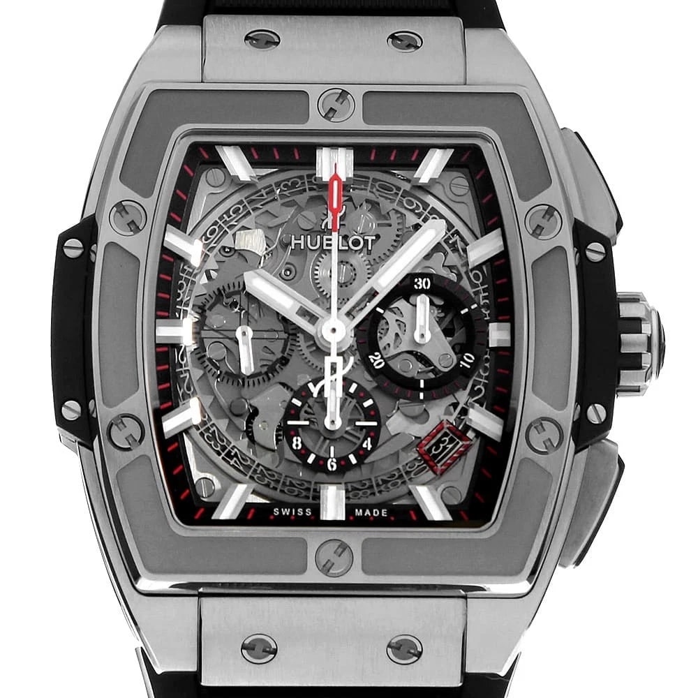 HUBLOT SPIRIT OF BIG BANG TITANIUM CHRONOGRAPH WRIST WATCH: HUBLOT Spirit of Big Bang Titanium Chronograph Wrist Watch Brand: HUBLOT Type: Wrist watch Material: Band Material rubber, Case Material Titanium Color: Skeleton Size: Case:W47.5mm x H42mm Access