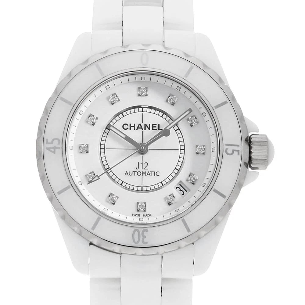 CHANEL J12 WHITE CERAMIC DIAMOND WRIST WATCH: CHANEL J12 White Ceramic Diamond Wrist Watch Brand: CHANEL Type: Wrist watch Material: Band Material Ceramic, Case Material Ceramic Color: White Size: Case:W38mm Circumference of Wrist:17.5cm Acc