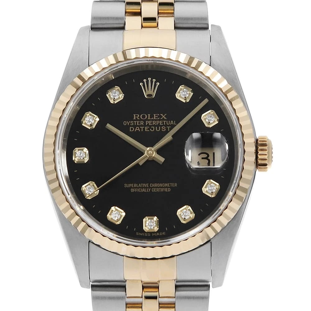 ROLEX DATEJUST 10P DIAMOND BLACK WRIST WATCH: ROLEX Datejust 10P Diamond black Wrist Watch Brand: ROLEX Type: Wrist watch Material: Band Material Stainless Steel/Yellow Gold, Case Material Stainless Steel/Yellow Gold Color: Black Size: