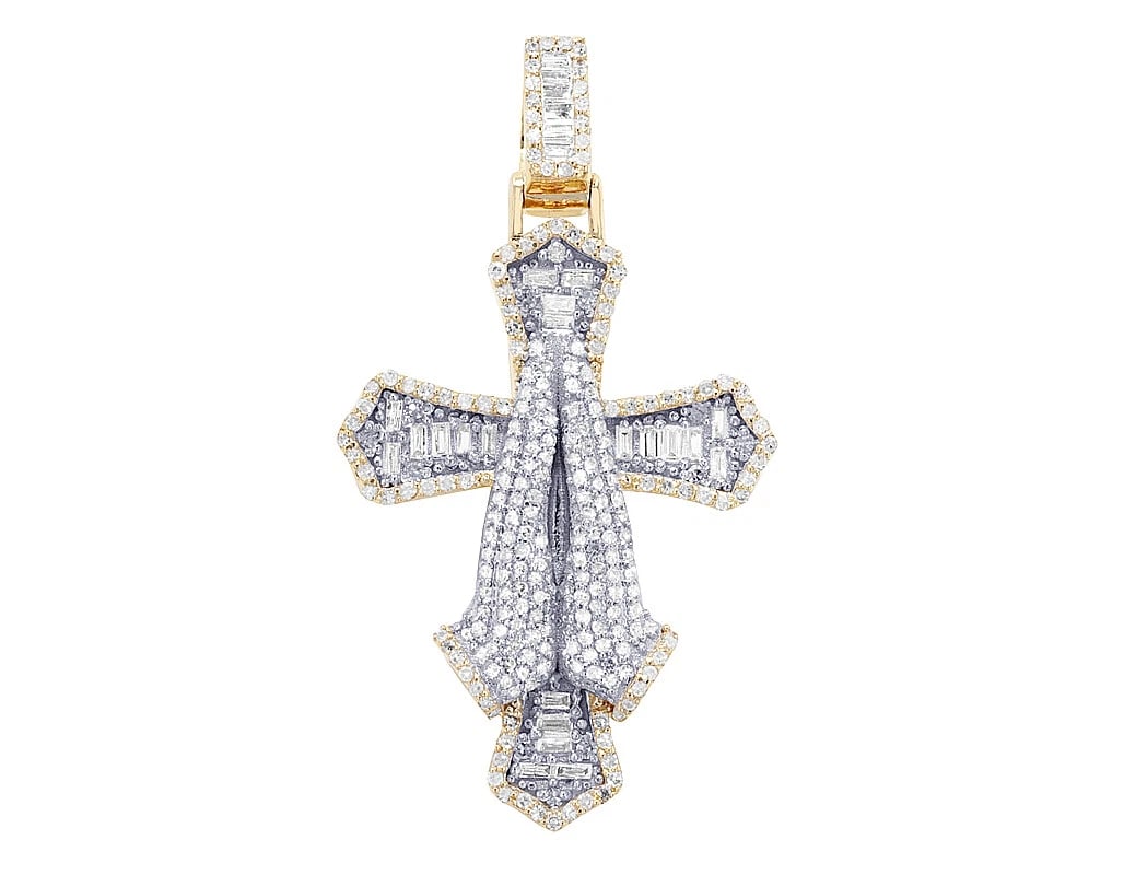 PRAYING HANDS BAGUETTE REAL DIAMONDS CROSS PENDANT: Praying Hands Baguette Real Diamonds Cross Pendant Brand: None Type: Pendant Material: 10k Multi-Tone Gold, Main Stone/Creation Natural Color: Multi-Tone Size: Dimension L 2" , W 1.1" , H 0.2" Ac