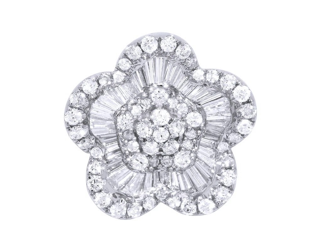 BAGUETTE FLOWER REAL DIAMOND PENDANT: Baguette Flower Real Diamond Pendant Brand: None Type: Necklace Material: 14k White Gold, Main Stone/Creation Natural Color: White Gold Size: Dimension L 0.9" x W 21mm Accessories: None Ac
