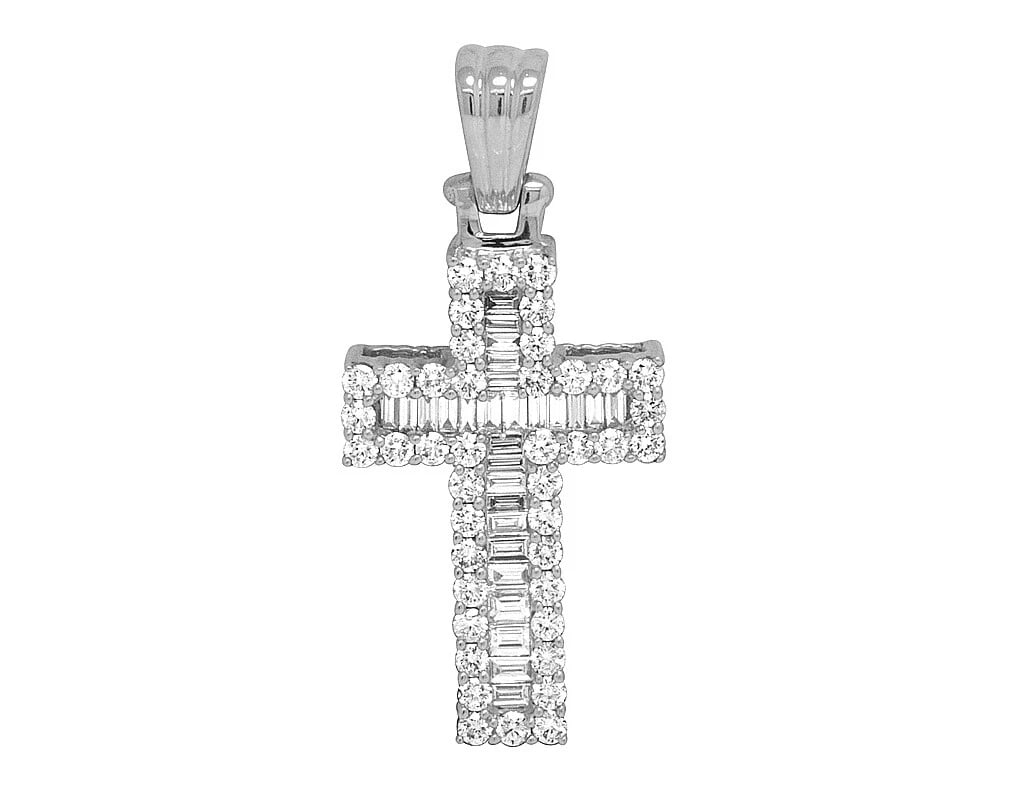 14K WHITE GOLD BAGUETTE REAL DIAMOND CROSS: 14K White Gold Baguette Real Diamond Cross Brand: None Type: Necklace Material: 14k White Gold, Main Stone/Creation Natural Color: White Gold Size: Dimension 1.5" Accessories: None Accesso