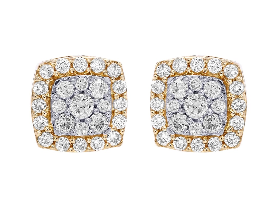 SQUARE HALO CLUSTER REAL DIAMOND STUD EARRINGS: Square Halo Cluster Real Diamond Stud Earrings Brand: None Type: Earring Material: 10k Yellow Gold, Main Stone/Creation Natural Color: Yellow Gold Size: Dimension 0.4" W10mm Accessories: None