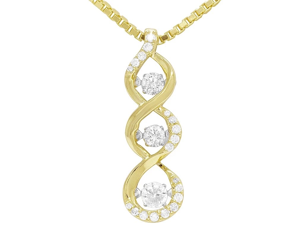 10K YELLOW GOLD 3 ROW DANCING REAL DIAMOND VERTICAL KNOT PENDANT: 10K Yellow Gold 3 Row Dancing Real Diamond vertical Knot Pendant Brand: None Type: Pendant Material: 10k Yellow Gold, Main Stone/Creation Natural Color: Yellow Gold Size: Dimension 1.1" 