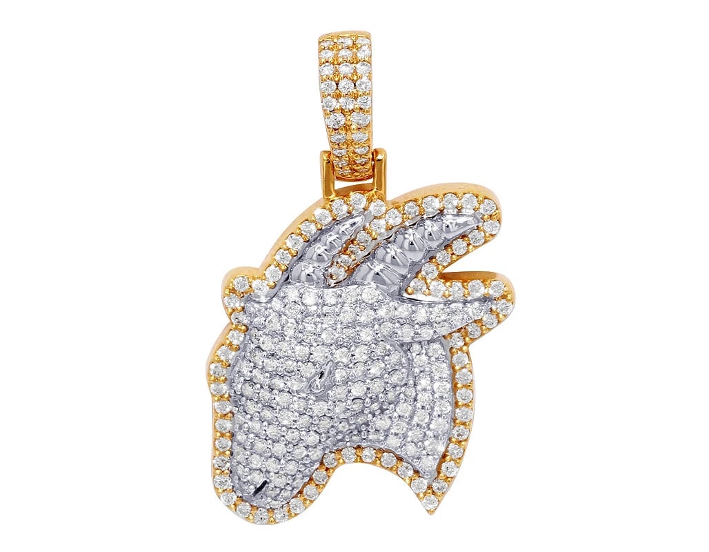 GOAT REAL DIAMOND PENDANT 10K YELLOW-WHITE GOLD: Goat Real Diamond Pendant 10K Yellow-White Gold Brand: None Type: Necklace Material: 10k White Gold, Main Stone/Creation Natural Color: White Gold Size: Dimension 1.6" Accessories: None