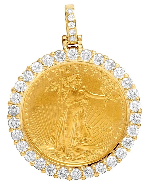 REAL DIAMOND PENDANT LIBERTY COIN 10K YELLOW GOLD: Real Diamond Pendant Liberty Coin 10K Yellow Gold Brand: None Type: Necklace Material: 10k Yellow Gold, Main Stone/Creation Natural Color: Yellow Gold Size: Dimension 1.4 inches Accessories: