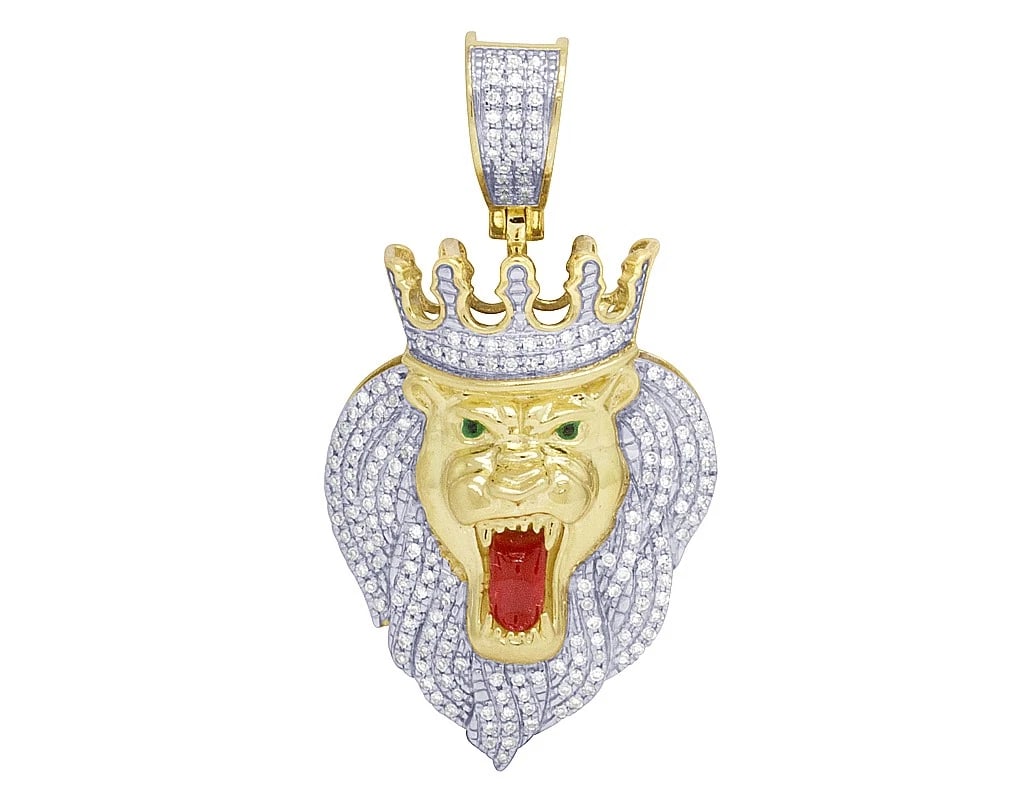 10K YELLOW GOLD REAL DIAMOND ROARING LION PENDANT CHARM: 10K Yellow Gold Real Diamond Roaring Lion Pendant Charm Brand: None Type: Pendant Material: 10k Yellow Gold, Main Stone/Creation Natural Color: Yellow Gold Size: Dimension 1.6" Accessories: