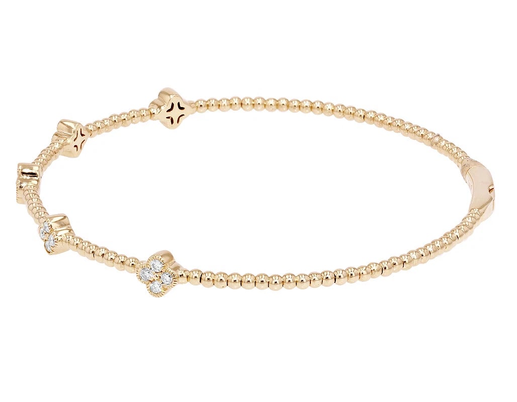 LEAF CLOVER REAL DIAMOND BANGLE BRACELET 14K YELLOW GOLD: Leaf Clover Real Diamond Bangle Bracelet 14K Yellow Gold Brand: None Type: Bracelet Material: 14k Yellow Gold, Main Stone/Creation Natural Color: Yellow Gold Size: Dimension 4MM 6.5" Width