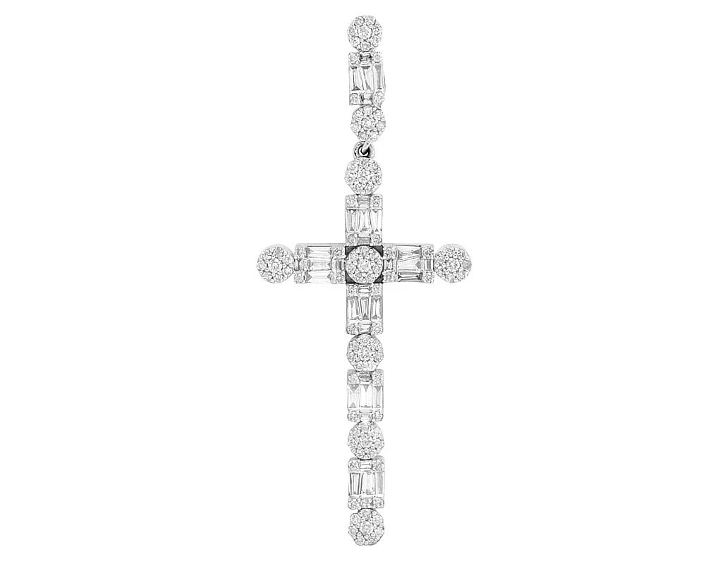 10K WHITE GOLD REAL DIAMOND FLOWER CLUSTER BAGUETTE CROSS: 10K White Gold Real Diamond Flower Cluster Baguette Cross Brand: None Type: Necklace Material: 10k White Gold, Main Stone/Creation Natural Color: White Gold Size: Dimension 2" Accessories: