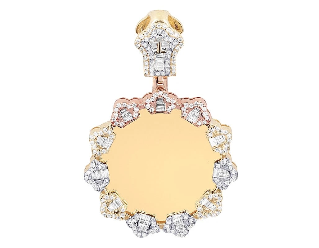 SCALLOPED FRAME DIAMOND ROUND MEMORY PENDANT: Scalloped Frame Diamond Round Memory Pendant Brand: None Type: Pendant Material: 10k Multi-Tone Gold, Main Stone/Creation Natural Color: Yellow Gold Size: Dimension 1.25" , bale 13.5 MM 
