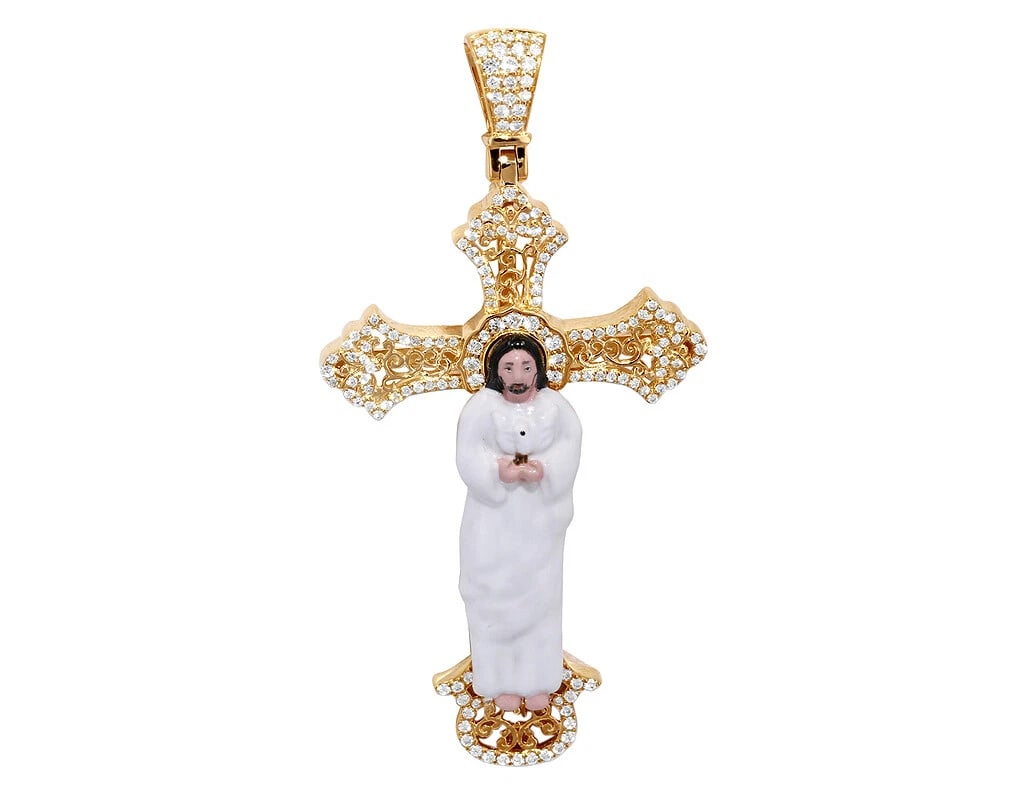 ENAMEL JESUS CROSS REAL DIAMOND PENDANT 10K YELLOW GOLD: Enamel Jesus Cross Real Diamond Pendant 10K Yellow Gold Brand: None Type: Necklace Material: 10k Yellow Gold, Main Stone/Creation Natural Color: Yellow Gold Size: Dimension L 2.4" x W 1.3" x H