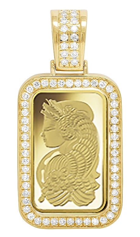 24K YELLOW GOLD LADY FORTUNA BAR DIAMOND 1 ROW FRAME PENDANT: 24K Yellow Gold Lady Fortuna Bar Diamond 1 Row Frame Pendant Brand: None Type: Necklace Material: 10k Yellow Gold, Main Stone/Creation Natural Color: Yellow Gold Size: Dimension 1.8 