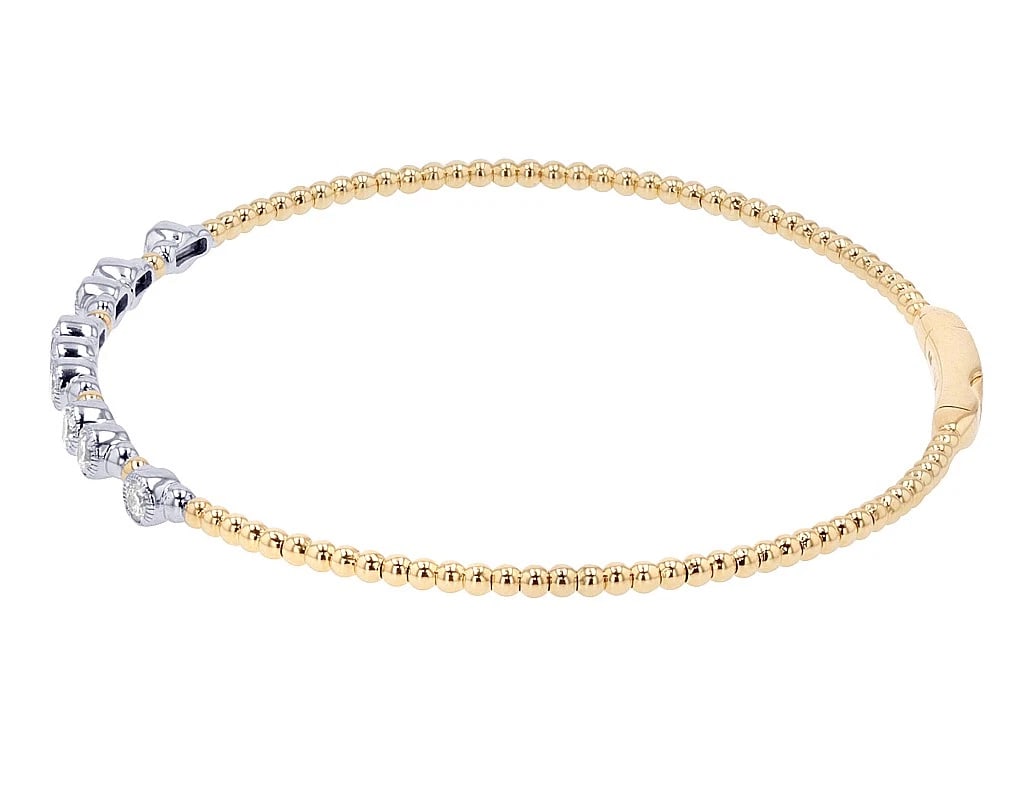 14K YELLOW-WHITE GOLD BEADED DIAMOND BANGLE BRACELET: 14K Yellow-White Gold Beaded Diamond Bangle Bracelet Brand: None Type: Bracelet Material: 14k Yellow-White, Main Stone/Creation Natural Color: Yellow-White Size: Dimension Diameter 2.13", width 3m
