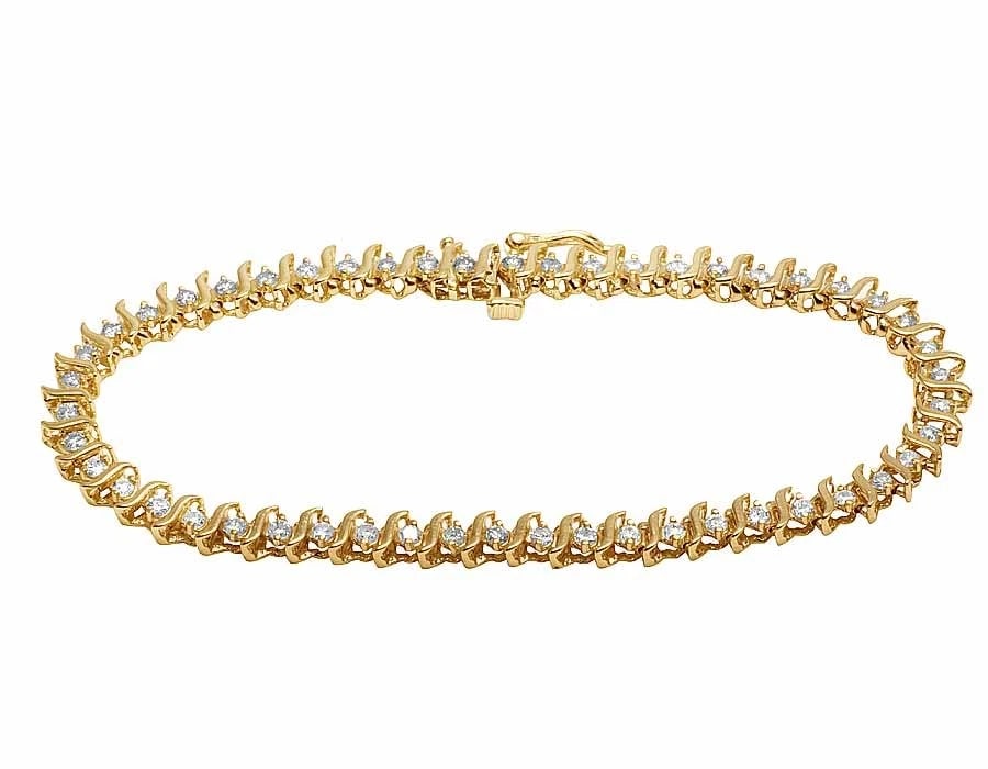 10K YELLOW GOLD GENUINE DIAMOND DESIGNER TENNIS BRACELET: 10K Yellow Gold Genuine Diamond Designer Tennis Bracelet Brand: None Type: Bracelet Material: 10k Yellow Gold, Main Stone/Creation Natural Color: Yellow Gold Size: Dimension 4mm, 7" Width 4mm