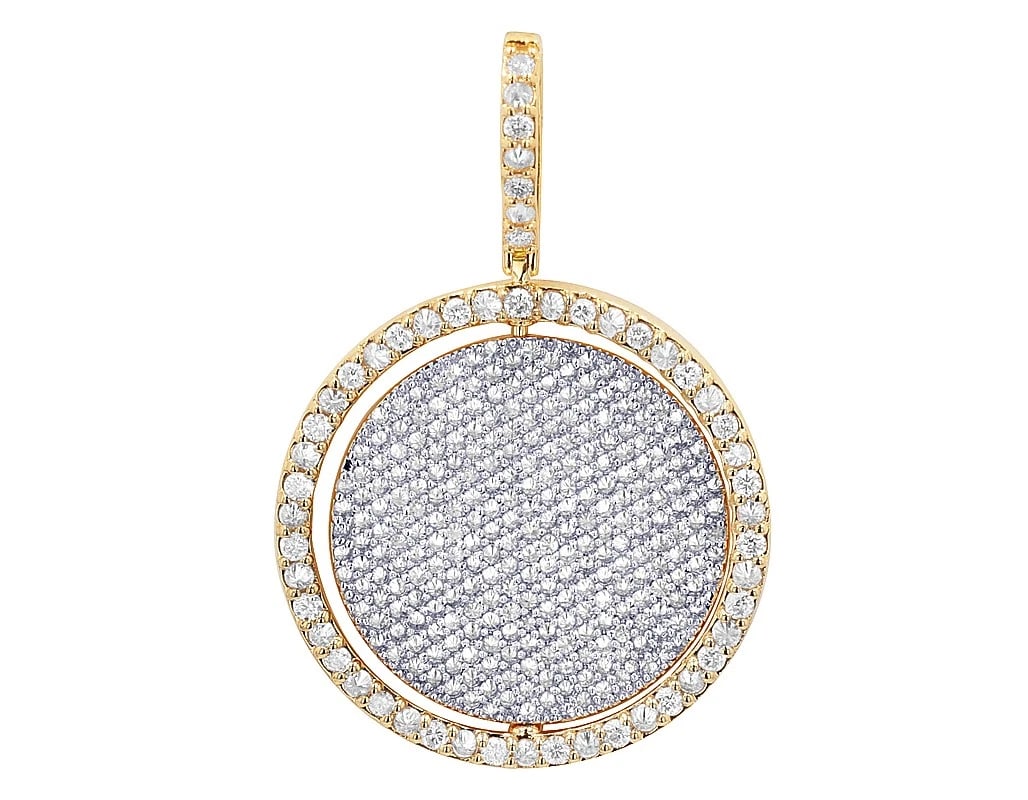 ICED ROTATING COIN REAL DIAMOND PENDANT: Iced Rotating Coin Real Diamond Pendant Brand: None Type: Pendant Material: 10k Yellow Gold, Main Stone/Creation Natural Color: Yellow Gold Size: Dimension 1.04" , bale 12.7 MM Accessories: None