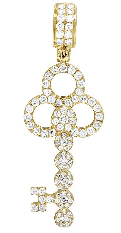 14K YELLOW GOLD INTERLOCKING CIRCLE REAL DIAMOND ORNATE KEY PENDANT: 14K Yellow Gold Interlocking Circle Real Diamond Ornate Key Pendant Brand: None Type: Necklace Material: 14k Yellow Gold, Main Stone/Creation Natural Color: Yellow Gold Size: Dimension 2 inches A