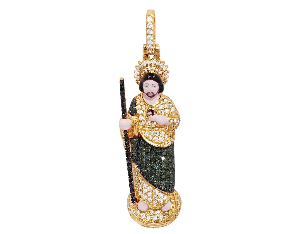 ST JUDE REAL DIAMOND PENDANT: St Jude Real Diamond Pendant Brand: None Type: Pendant Material: 10k Yellow Gold, Main Stone/Creation Natural Color: Yellow Gold Size: Dimension L 2" x W 0.0.5" x H 7mm Accessories: None A