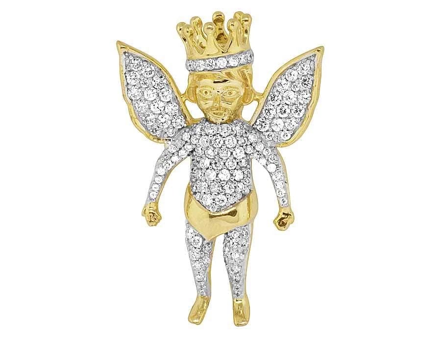 10K YELLOW GOLD CROWNED ANGEL CHERUB REAL DIAMOND ICED PENDANT: 10K Yellow Gold Crowned Angel Cherub Real Diamond Iced Pendant Brand: None Type: Pendant Set Material: 10k Yellow Gold, Main Stone/Creation Natural Color: Yellow Gold Size: Dimension 1.4 Accessor
