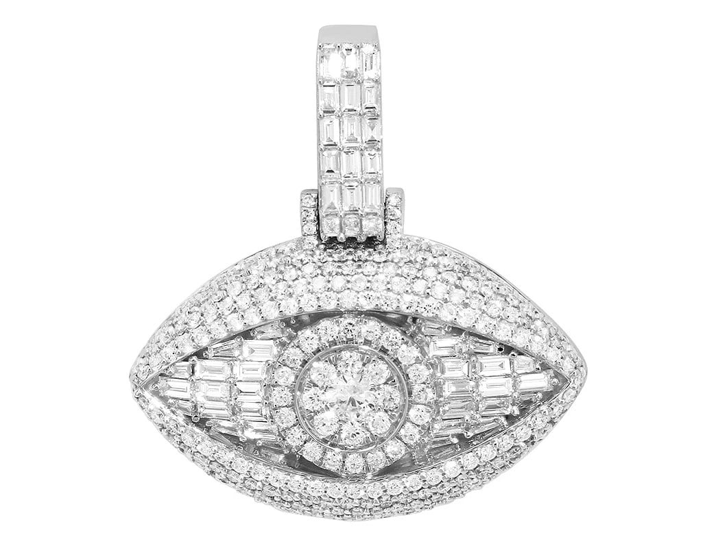 REAL BAGUETTE DIAMOND EVIL EYE PENDANT: Real Baguette Diamond Evil Eye Pendant Brand: None Type: Pendant Material: 14k White Gold, Color: White Gold Size: Dimension L1.4" x W1.5" Accessories: None Accessories Notice: When purcha