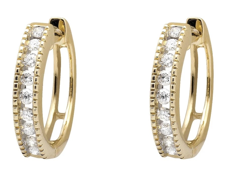 10K YELLOW GOLD MIL-GRAIN ONE ROW GENUINE DIAMOND HUGGIE HOOP EARRING: 10K Yellow Gold Mil-grain One Row Genuine Diamond Huggie Hoop Earring Brand: None Type: Earrings Material: 10k Yellow Gold, Main Stone/Creation Natural Color: Yellow Gold Size: Dimension 13MMX2.5