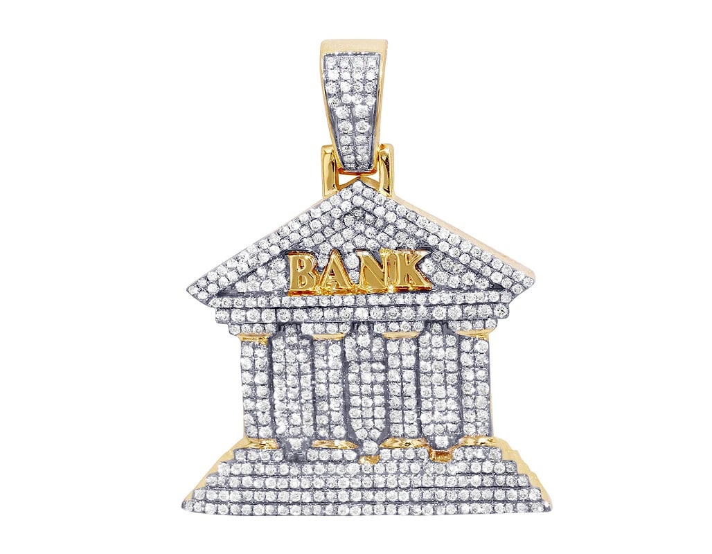 BANK REAL DIAMOND PENDANT 10K YELLOW GOLD: Bank Real Diamond Pendant 10K Yellow Gold Brand: None Type: Necklace Material: 10k Yellow Gold, Main Stone/Creation Natural Color: Yellow Gold Size: Dimension 1.5" Accessories: None Access