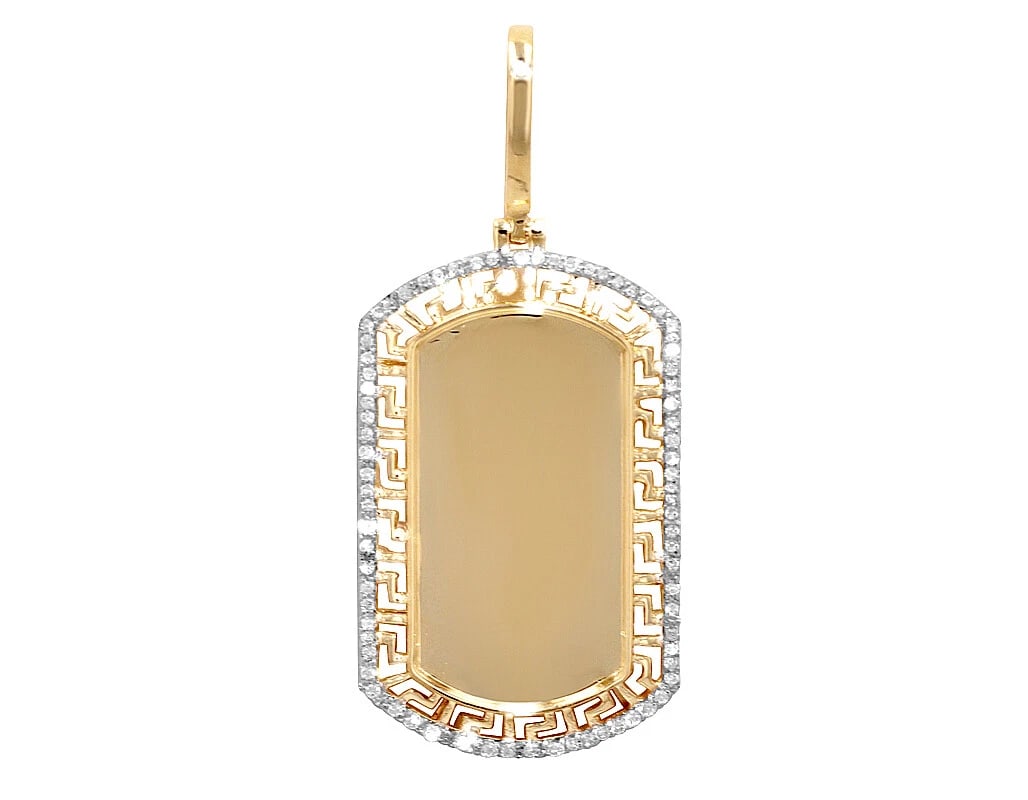 GREEK KEY DOG TAG REAL DIAMOND FRAME MEMORY PENDANT: Greek Key Dog Tag Real Diamond Frame Memory Pendant Brand: None Type: Pendant Material: 10k Yellow Gold, Main Stone/Creation Natural Color: Multi-Tone Size: Dimension W 19mm L 0.75" H 3mm Accesso