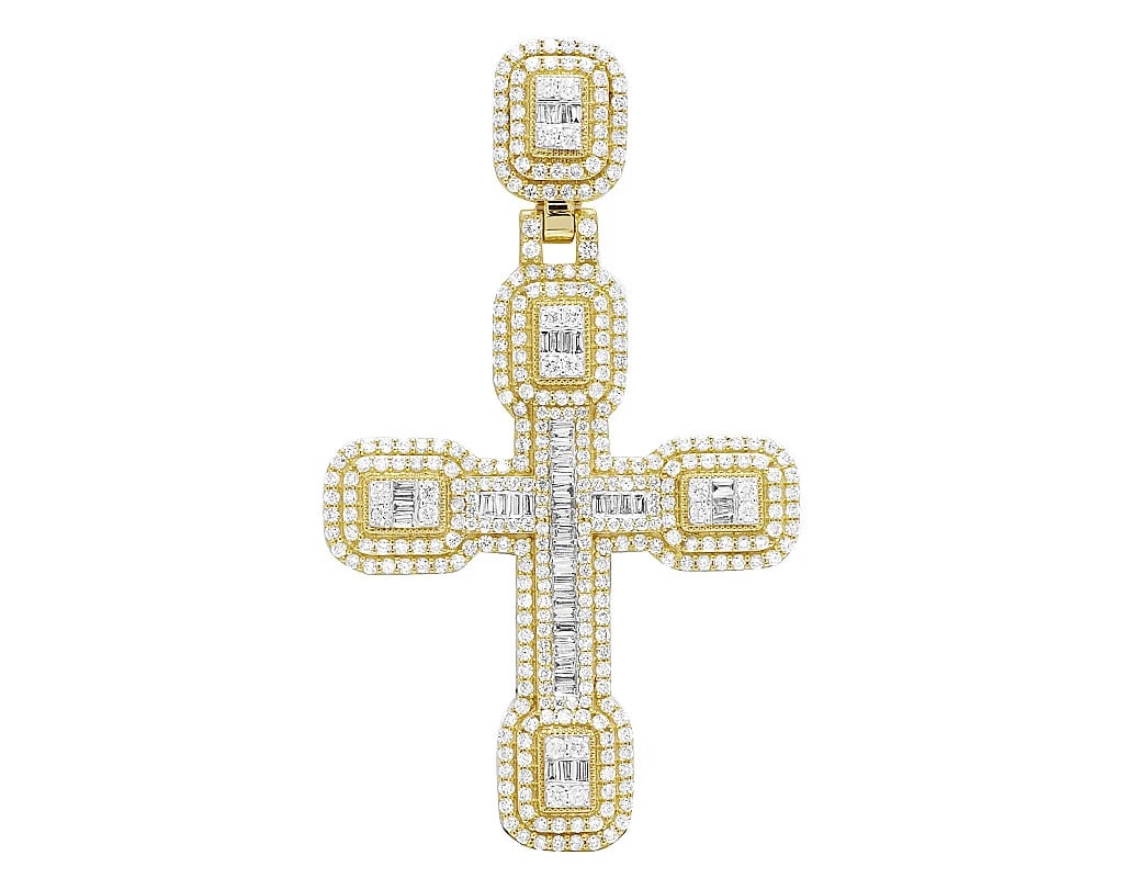 BAGUETTE ROUND REAL DIAMOND CROSS PENDANT 10K: Baguette Round Real Diamond Cross Pendant 10K Brand: None Type: Necklace Material: 10k Yellow Gold, Main Stone/Creation Natural Color: Yellow Gold Size: Dimension 2.4" Accessories: None Ac