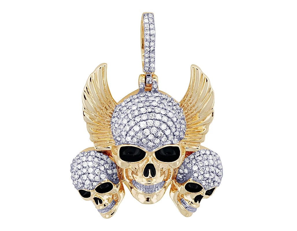 THREE SKULLS REAL DIAMOND DEVIL WITH WINGS PENDANT 10K YELLOW GOLD: Three Skulls Real Diamond Devil With Wings Pendant 10K Yellow Gold Brand: None Type: Pendant Material: 10k Yellow Gold, Main Stone/Creation Natural Color: Yellow Gold Size: Dimension W 25.3mm L 34