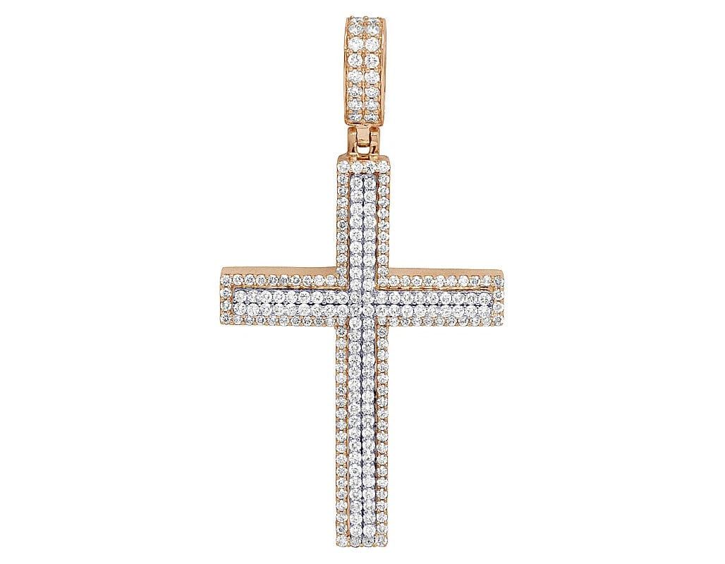 10K TWO-TONE GOLD REAL DIAMOND CROSS PENDANT: 10K Two-Tone Gold Real Diamond Cross Pendant Brand: None Type: Necklace Material: 10k Multi-Tone Gold, Main Stone/Creation Natural Color: Multi-Tone Size: Dimension 2.75" Accessories: None