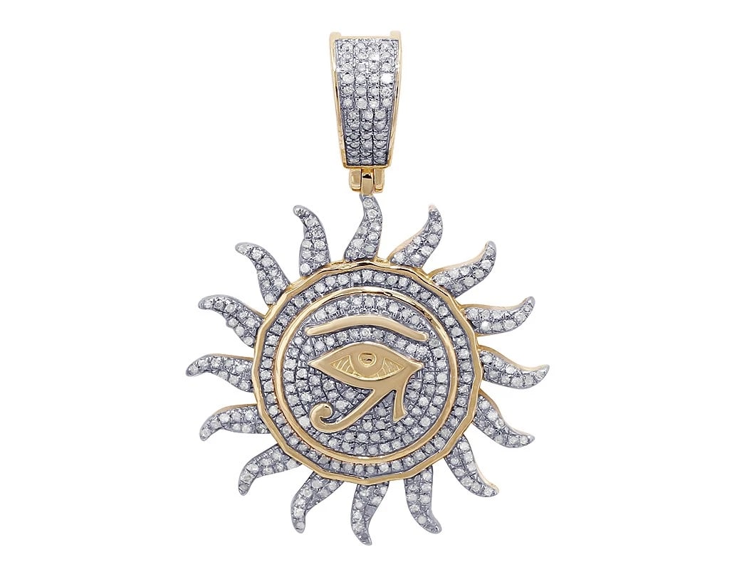 EYE OF RA REAL DIAMOND PENDANT 10K YELLOW GOLD: Eye Of Ra Real Diamond Pendant 10K Yellow Gold Brand: None Type: Pendant Material: 10k Yellow Gold, Main Stone/Creation Natural Color: Yellow Gold Size: Dimension 1" Accessories: None