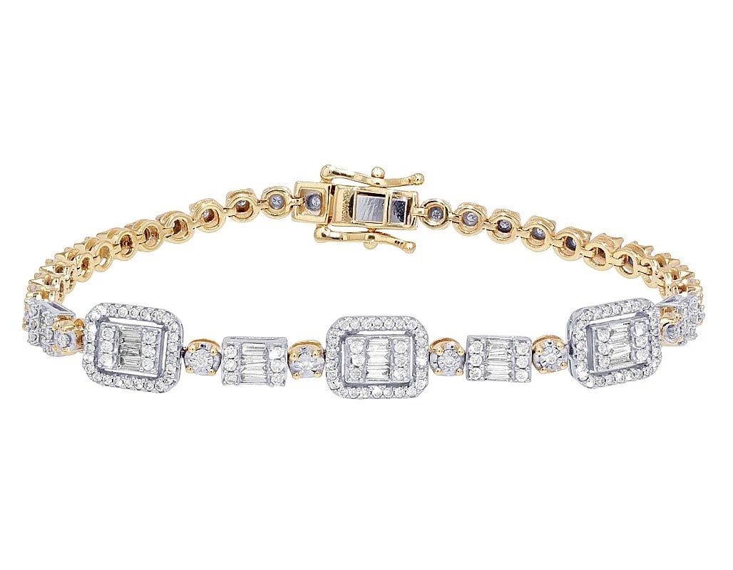 BAGUETTE CLUSTER HALO REAL DIAMOND ILLUSION AND TONI SET BRACELET: Baguette Cluster Halo Real Diamond Illusion and Toni Set Bracelet Brand: None Type: Bracelet Material: 10k Multi-Tone Gold, Main Stone/Creation Natural Color: Yellow-White Gold Size: Dimension