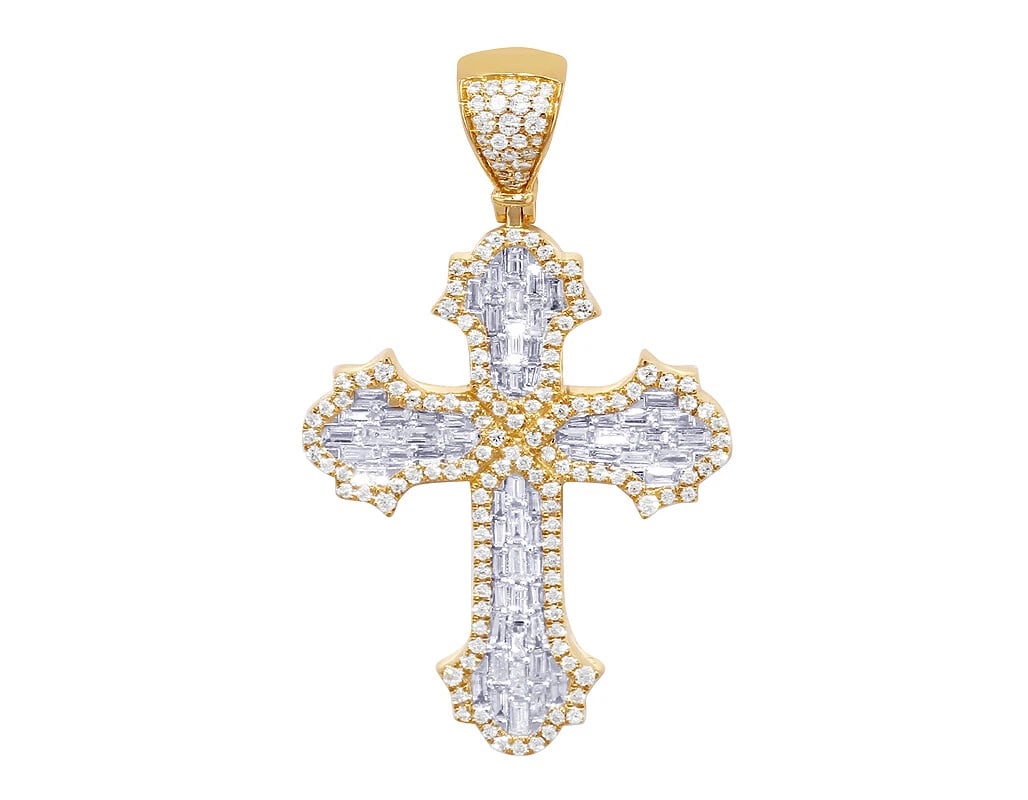 REAL BAGUETTE DIAMOND DESIGNER CROSS PENDANT 14K YELLOW GOLD: Real Baguette Diamond Designer Cross Pendant 14K Yellow Gold Brand: None Type: Necklace Material: 14k Yellow Gold, Main Stone/Creation Natural Color: Yellow Gold Size: Dimension L 1.7" X W 1" 