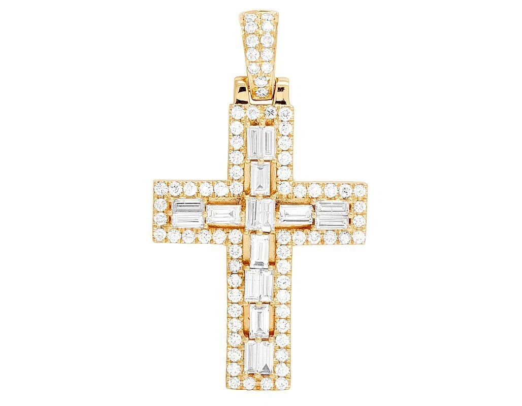 SOLID 14K YELLOW GOLD REAL BAGUETTE DIAMOND DESIGNER CROSS PENDANT: Solid 14K Yellow Gold Real Baguette Diamond Designer Cross Pendant Brand: None Type: Necklace Material: 14k Yellow Gold, Main Stone/Creation Natural Color: Yellow Gold Size: Dimension 1.5" 