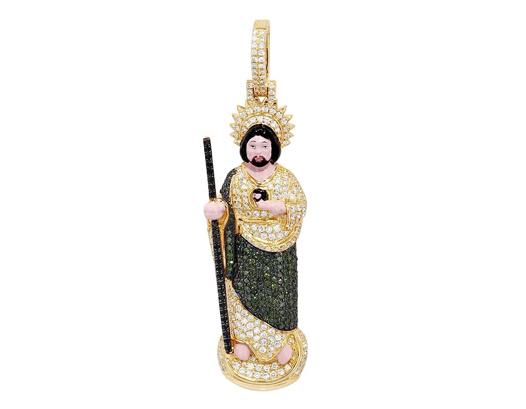 ST JUDE LARGE ENAMEL REAL DIAMOND PENDANT: St Jude Large Enamel Real Diamond Pendant Brand: None Type: Necklace Material: 10k Yellow Gold, Main Stone/Creation Natural Color: Yellow Gold Size: Dimension L2.6" x W0.6" Accessories: None