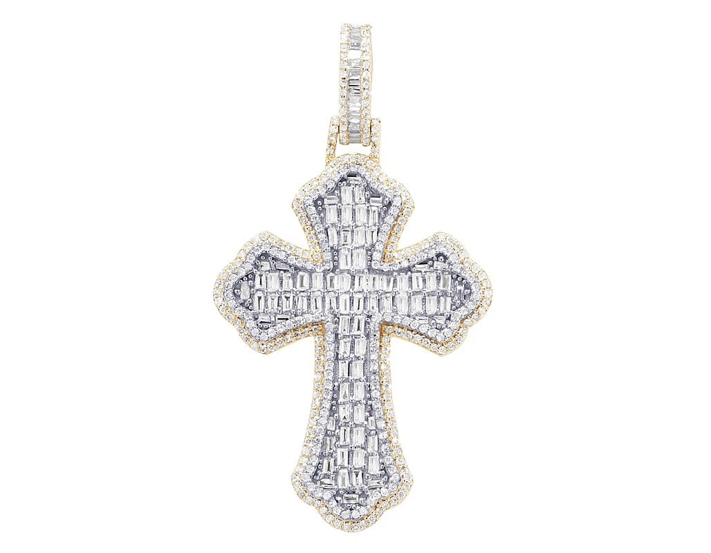 TWO LAYERED REAL DIAMOND GOTHIC CROSS PENDANT: Two Layered Real Diamond Gothic Cross Pendant Brand: None Type: Pendant Material: 10k Multi-Tone Gold, Main Stone/Creation Natural Color: Multi-Tone Size: Dimension L 1.9" , W 1.1" , H 0.1" 